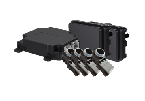 MOVON Radar system with two BSD radar modules and the control unit are placed in the white background with four ultrasonic sensor modules