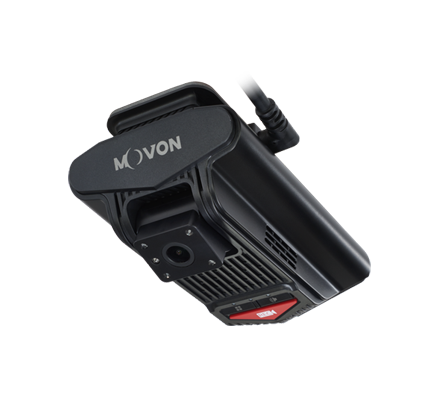 MOVON MVT-9 is placed in the white background showing its appearance in the different point of view with the driver-facing camera and the multiple buttons including panic recording function and the cable structure