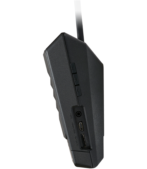MOVON MDAS-9 showing its left side with the buttons and connector for GPS and rear camera, and the SD card slot